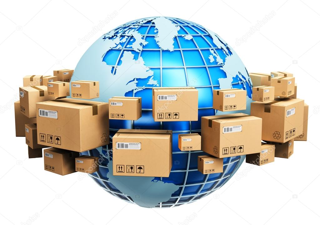 Globe surrounded by parcels, symbolizing global shipping and the distribution of goods across different regions.